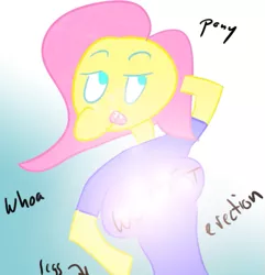 Size: 527x546 | Tagged: anthro, artist:squinners, breasts, clothes, derpibooru import, female, fluttershy, lens flare, shirt, solo, solo female, suggestive