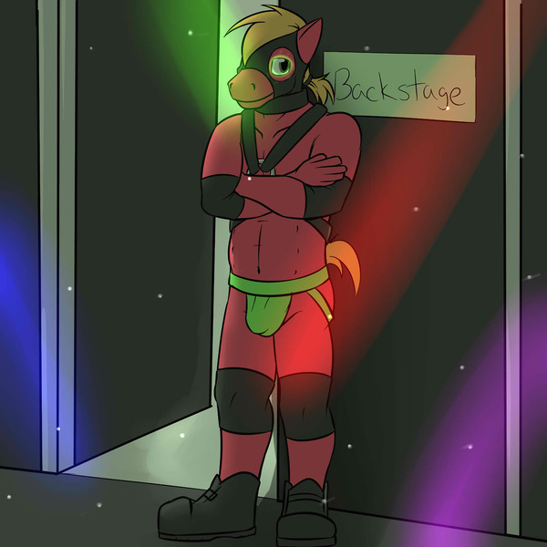 Size: 1280x1280 | Tagged: anthro, artist:fuzebox, big macintosh, clothes, crotch bulge, derpibooru import, face mask, glowing eyes, hypnosis, jockstrap, lights, male, nightclub, partial nudity, plantigrade anthro, questionable, solo, solo male, topless, underwear