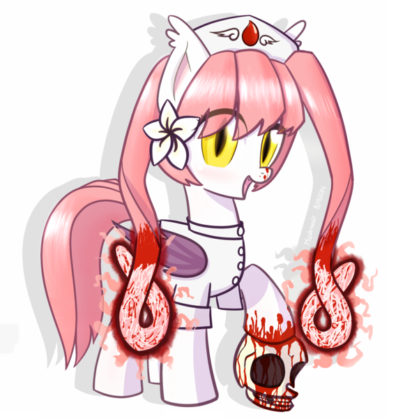 Size: 1418x1440 | Tagged: grimdark, artist:mushrooshi, derpibooru import, oc, oc:ebola-chan, ponified, bat pony, original species, anime, blood, cropped, disease, ebola, filly, pink mane, plague, skull