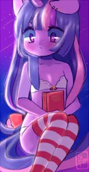 Size: 300x579 | Tagged: ambiguous facial structure, anthro, artist:shickietan, bra, breasts, clothes, derpibooru import, female, frilly underwear, panties, ribbon, socks, solo, solo female, stockings, striped socks, suggestive, twilight sparkle, underwear