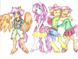 Size: 3298x2474 | Tagged: anthro, apple bloom, artist:coraline-176, babs seed, classical unicorn, clothes, cloven hooves, cutie mark crusaders, derpibooru import, equestria girls outfit, leonine tail, safe, scootaloo, sweetie belle, traditional art, unguligrade anthro, unshorn fetlocks