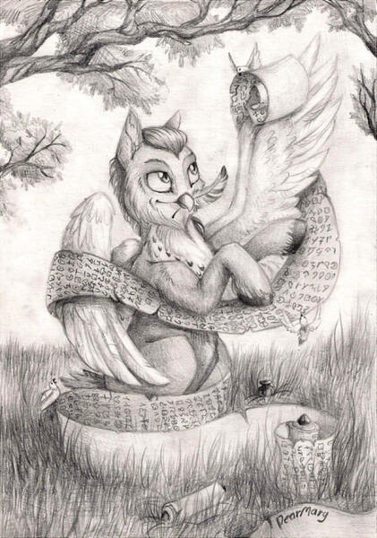 Size: 600x855 | Tagged: artist:dearmary, bird, derpibooru import, forest, grass, gray, monochrome, oc, oc:even, owl, pencil drawing, pony-owl, safe, solo, traditional art, unofficial characters only, writer