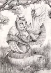 Size: 600x855 | Tagged: artist:dearmary, bird, derpibooru import, forest, grass, gray, monochrome, oc, oc:even, owl, pencil drawing, pony-owl, safe, solo, traditional art, unofficial characters only, writer
