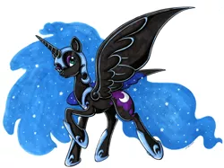 Size: 1024x765 | Tagged: safe, artist:jenkiwi, derpibooru import, nightmare moon, alicorn, pony, female, mare, raised hoof, simple background, solo, spread wings, traditional art, white background