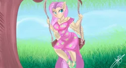 Size: 1024x554 | Tagged: anthro, artist:mrscurlystyles, blushing, cleavage, clothes, cute, derpibooru import, dress, female, fluttershy, grass, pony coloring, safe, shoes, solo, swing, tree, water