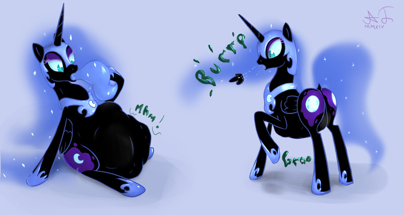 Size: 2811x1496 | Tagged: questionable, artist:augustbebel, derpibooru import, nightmare moon, princess luna, alternate cutie mark, belly, burp, digestion, dock, fat, fat fetish, fetish, image, jpeg, lunapred, nightmare moonpig, plot, predmare moon, soft vore, stomach noise, vore, weight gain