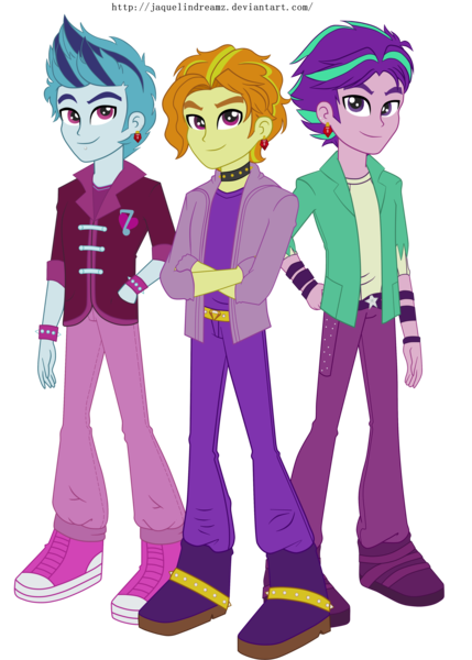 Size: 3152x4407 | Tagged: safe, artist:jaquelindreamz, artist:theodrawsforyou, derpibooru import, adagio dazzle, aria blaze, sonata dusk, equestria girls, rainbow rocks, allegro amoroso, bracelet, clothes, collar, crossed arms, cute, earring, equestria guys, handsome, jewelry, male, ouvertis grandioso, pants, rule 63, scherzo lesto, shoes, smiling, sneakers, spiked wristband, the blindings, the dazzlings, wristband