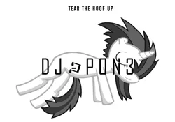 Size: 2148x1500 | Tagged: safe, derpibooru import, vinyl scratch, pony, unicorn, black and white, eyes closed, female, grayscale, hooves, horn, mare, monochrome, music crossover, simple background, solo, text, vector, white background