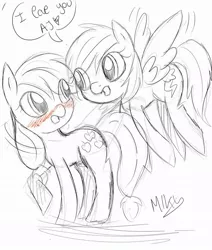 Size: 824x970 | Tagged: safe, artist:begomiku, derpibooru import, applejack, rainbow dash, appledash, blushing, female, lesbian, shipping, sketch