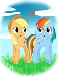 Size: 781x1023 | Tagged: safe, artist:begomiku, derpibooru import, applejack, rainbow dash, appledash, female, heart, lesbian, shipping