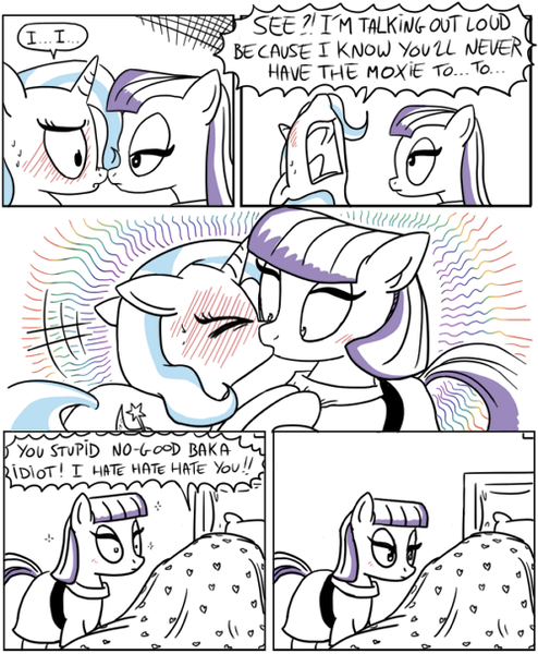 Size: 500x607 | Tagged: safe, artist:foudubulbe, derpibooru import, maud pie, trixie, pony, comic:damp rocks, baka, blushing, comic, female, kissing, lesbian, mauxie, shipping, tsundere