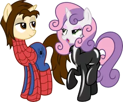 Size: 8967x7500 | Tagged: absurd resolution, adult, artist:mactavish1996, artist:zoevulpez, bedroom eyes, catsuit, clothes, crossover, derpibooru import, eye contact, future, open mouth, peter parker, ponified, raised hoof, raised leg, safe, simple background, smiling, spider-man, spiders and magic iii: days of friendship past, spiders and magic: rise of spider-mane, suit, sweetie belle, transparent background, vector