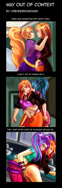 Size: 5000x15000 | Tagged: questionable, artist:checkerboardazn, derpibooru import, adagio dazzle, aria blaze, sonata dusk, sunset shimmer, equestria girls, rainbow rocks, absurd resolution, adagio dazzle gets around, bad touch, belly button, beneath clothes, breast grab, breasts, clothes, comic, dazzling sun, eye contact, female, femsub, fingering, grin, grope, humanized, image, jpeg, lesbian, molestation, oblivious, open mouth, shipping, smiling, submissive, subset, sunata, sunblaze, sunsagio, sunset shimmer gets all the dazzlings, sunset shimmer gets all the mares, the dazzlings, wink