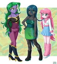 Size: 883x1000 | Tagged: safe, artist:uotapo, derpibooru import, mane-iac, queen chrysalis, oc, oc:fluffle puff, equestria girls, blushing, boots, clothes, equestria girls-ified, female, glasses, hand on hip, high heels, nibbling, nom, pants, shoes, skirt, smiling