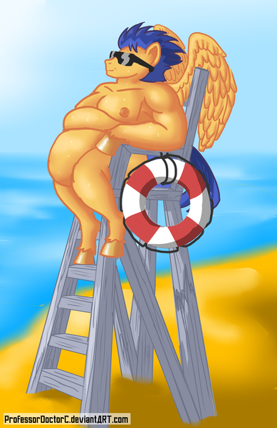 Size: 2752x4242 | Tagged: anthro, arm hooves, artist:professordoctorc, beach, belly button, bhm, big belly, clothes, derpibooru import, fat, flab sentry, flash sentry, morbidly obese, obese, safe, solo, sunglasses, sweat, swimsuit, unguligrade anthro