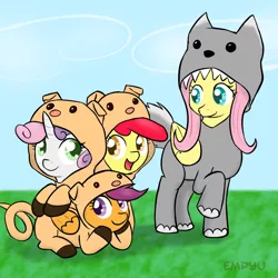 Size: 1000x1000 | Tagged: animal costume, apple bloom, artist:empyu, clothes, costume, cutie mark crusaders, derpibooru import, fluttershy, pig costume, safe, scootaloo, sweetie belle, wolf costume