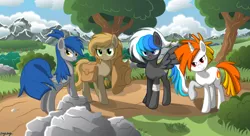 Size: 7160x3900 | Tagged: safe, artist:le-23, derpibooru import, oc, oc:flame, oc:sapling, oc:skyline, oc:tsunami, unofficial characters only, earth pony, pegasus, pony, unicorn, bandage, group, hat, looking at you, mountain, saddle bag, tree