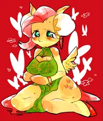 Size: 665x785 | Tagged: anthro, arm hooves, artist:29axa, breasts, busty fluttershy, cheongsam, clothes, derpibooru import, female, fluttershy, simple background, solo, suggestive