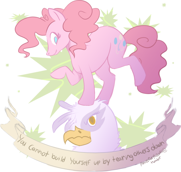 Size: 1280x1218 | Tagged: safe, artist:poniesforparents, derpibooru import, gilda, pinkie pie, gryphon, griffon the brush off, angry, anti-bullying, dancing, message, moral, mouthpiece, positive ponies, scrunchy face, smiling, subversive kawaii