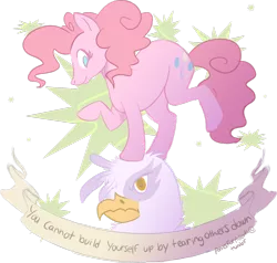 Size: 1280x1218 | Tagged: safe, artist:poniesforparents, derpibooru import, gilda, pinkie pie, gryphon, griffon the brush off, angry, anti-bullying, dancing, message, moral, mouthpiece, positive ponies, scrunchy face, smiling, subversive kawaii