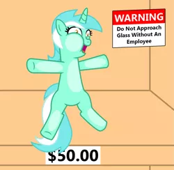 Size: 1177x1148 | Tagged: safe, artist:vincentthecrow, derpibooru import, part of a set, lyra heartstrings, pony, unicorn, against glass, bronybait, crazy face, female, for sale, human fetish, humie, mare, open mouth, ponies for sale, price tag, squishy cheeks, warning