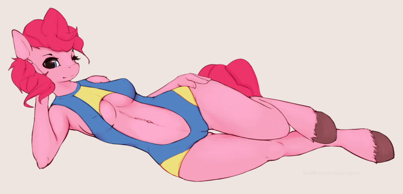 Size: 1656x800 | Tagged: anthro, artist:ognisk, belly button, breasts, cameltoe, clothes, derpibooru import, female, navel cutout, one-piece swimsuit, pinkie pie, questionable, solo, solo female, swimsuit, underboob
