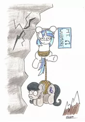 Size: 1523x2168 | Tagged: safe, artist:bobthedalek, derpibooru import, octavia melody, vinyl scratch, earth pony, pony, unicorn, backwards cutie mark, cracked, duo, female, flag, hang in there, hanging, mountain, octavia is not amused, rope, unamused, vinyl is not amused, wub
