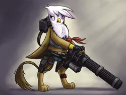 Size: 1600x1200 | Tagged: safe, artist:king-kakapo, derpibooru import, gilda, gryphon, ammunition, backpack, badass, bandana, bandolier, bfg, bipedal, bryan fury, bullet, clothes, cosplay, crossover, fingerless gloves, gloves, gun, image, minigun, png, pouch, scar, simple background, tekken