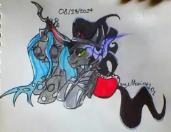 Size: 768x593 | Tagged: artist:xmaxine10x, blushing, chibi, chrysombra, cute, cutealis, derpibooru import, female, king sombra, male, queen chrysalis, safe, shipping, sombradorable, straight, traditional art