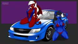 Size: 2112x1188 | Tagged: absolute cleavage, anthro, anthro oc, artist:kloudmutt, bikini, blank flank, breasts, car, cleavage, clothes, demon pony, derpibooru import, female, kneeling, oc, oc:chilly pepper, oc:klodette, original species, sling bikini, suggestive, swimsuit, underass, unguligrade anthro, unofficial characters only