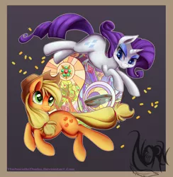 Size: 3716x3800 | Tagged: applejack, artist:thenornonthego, bits, derpibooru import, duality, eye contact, high res, pie tin, rarity, safe, stained glass, trade ya, yin-yang
