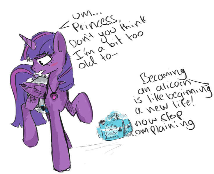 Size: 1055x861 | Tagged: questionable, artist:ponykai, derpibooru import, twilight sparkle, twilight sparkle (alicorn), alicorn, pony, adult foal, blushing, dialogue, diaper, diaper fetish, offscreen character, pacifier, princess, solo, text