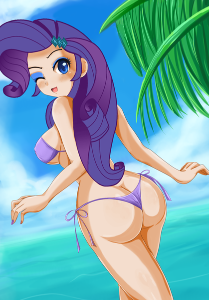 Size: 816x1169 | Tagged: artist:rammbrony, artist:sigurd hosenfeld, ass, beach, bikini, blushing, breasts, busty rarity, buttcrack, clothes, edit, female, human, humanized, light skin, nail polish, princess peach, questionable, rarity, rearity, sexy, sideboob, side-tie bikini, solo, solo female, super mario bros., swimsuit, the ass was fat, thong, thong swimsuit, trace, wedgie, wink