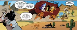 Size: 1400x548 | Tagged: safe, artist:andypriceart, derpibooru import, idw, applejack, king longhorn, rarity, the stranger (character), bull, earth pony, pony, unicorn, spoiler:comic, spoiler:comicff8, cactus, desert, female, male, mare, official comic, saguaro cactus, speech bubble, stagecoach, stallion, the stranger, wingding eyes