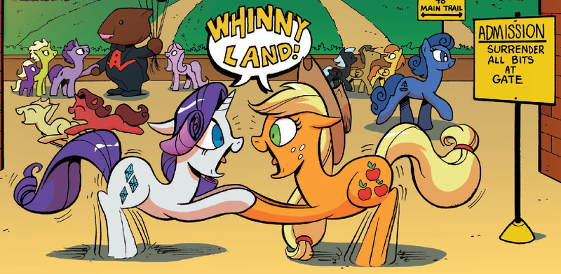 Size: 1303x639 | Tagged: safe, artist:andypriceart, derpibooru import, idw, applejack, rarity, pony, spoiler:comic, spoiler:comicff8, bipedal, clothes, cute, disneyland, eye contact, floppy ears, happy, holding hooves, needs more jpeg, open mouth, smiling, trotting, trotting in place, tuxedo, whinnyland, wide eyes, wilhelm wombat