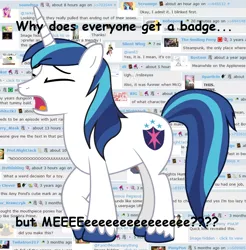 Size: 870x885 | Tagged: badge, comic sans, derpibooru, meta, safe, shining armor, silent wing, solo, text, text edit, whining armor