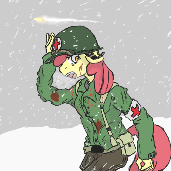 Size: 600x600 | Tagged: anthro, apple bloom, artist:jadedpencil, battle of the bulge, blood, breasts, clothes, derpibooru import, grimdark, medic, snow, solo, us army, war, world war ii