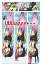 Size: 1393x2167 | Tagged: safe, artist:saturdaymorningproj, derpibooru import, fluttershy, pegasus, pony, angelic flutterboom, bunny ears, clothes, comic, dangerous mission outfit, eyes closed, falling, feather, female, goggles, hoodie, image, jpeg, mare, open mouth, screaming, solo, tail, tail pull, wide eyes, wing cramp