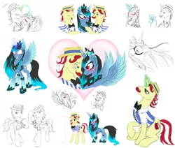 Size: 1791x1516 | Tagged: safe, artist:alicornparty, derpibooru import, flam, flim, oc, oc:shiver, alicorn, pony, alicorn oc, blushing, canon x oc, female, flim flam brothers, heart, kissing, magic, male, shipping, shiverflam, sketch dump, straight