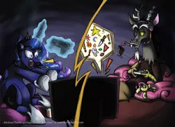 Size: 790x572 | Tagged: angry, artist:melissathehedgehog, chocolate milk, controller, derpibooru import, discord, fluttershy, gamer luna, headset, magic, plushie, princess luna, safe, video game, yelling