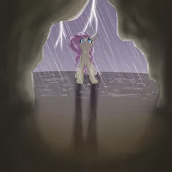 Size: 1080x1080 | Tagged: artist:ebonytails, cave, derpibooru import, fluttershy, rain, safe, solo