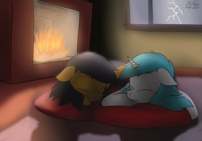 Size: 1280x895 | Tagged: safe, artist:the-furry-railfan, derpibooru import, oc, oc:minty candy, oc:twintails, unofficial characters only, pegasus, pony, unicorn, blanket, cuddling, fire, fireplace, interior, lightning, pillow, shadow, sleeping, snuggling, storm, window