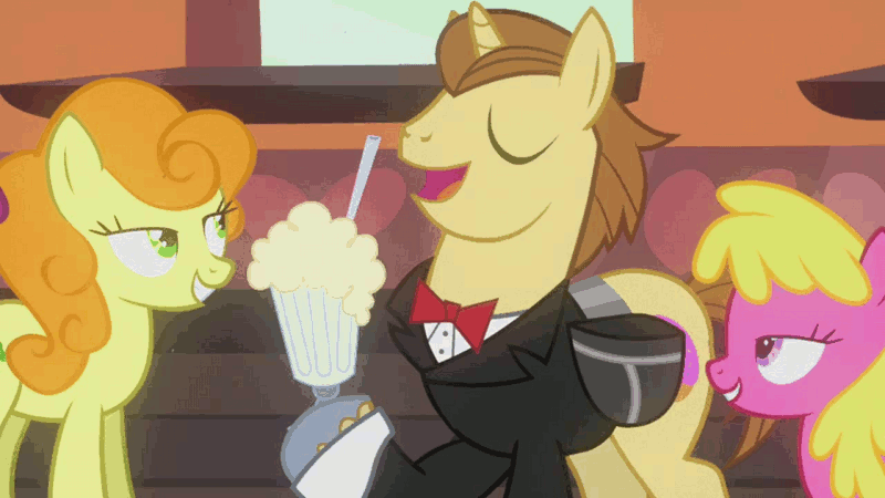 Size: 960x540 | Tagged: animated, carrotjoe, carrot top, cherry berry, clothes, con mane, derpibooru import, donut joe, donut joe gets all the mares, female, friendship express, frown, golden harvest, grin, laughing, male, milkshake, mmmystery on the friendship express, safe, screencap, shocked, straight, train, tuxedo, watch