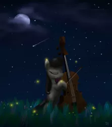 Size: 1032x1162 | Tagged: safe, artist:tttimon, derpibooru import, octavia melody, earth pony, firefly (insect), insect, pony, bipedal, bow (instrument), cello, cello bow, crying, female, mare, musical instrument, night, solo