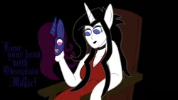 Size: 1024x576 | Tagged: safe, artist:thelordofdust, derpibooru import, oc, oc:maneia, oc:nocturna, unofficial characters only, anthro, unicorn, fanfic, chair, clothes, disembodied head, dress, human facial structure, megalomaneia, obsession is magic, smiling