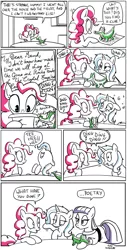 Size: 600x1180 | Tagged: safe, artist:foudubulbe, derpibooru import, gummy, maud pie, pinkie pie, trixie, pony, comic:damp rocks, comic, female, lesbian, mauxie, music notes, note, shipping, silly, silly pony