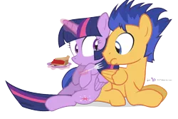 Size: 900x600 | Tagged: safe, artist:dm29, derpibooru import, flash sentry, twilight sparkle, twilight sparkle (alicorn), alicorn, pony, cute, eating, feeding, female, flashlight, food, fork, lying, magic, male, mare, on back, pie, shipping, simple background, smiling, straight, transparent background