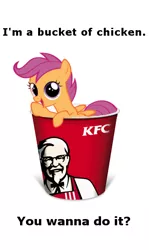 Size: 379x638 | Tagged: safe, derpibooru import, scootaloo, chicken, pegasus, pony, bucket, cup of pony, expiration date, female, filly, image macro, innuendo, kfc, meme, scootachicken, solo, team fortress 2, text