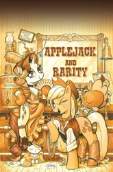 Size: 900x1366 | Tagged: alternate hairstyle, applejack, artist:andypriceart, bartender, cover, derpibooru import, garter, idw, idw advertisement, old west, opalescence, queen chrysalis, rarity, safe, saloon dress, sepia, spike, wanted poster, western