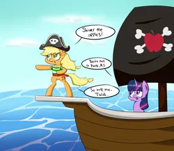 Size: 3000x2600 | Tagged: applejack, artist:notenoughapples, bicorne, clothes, derpibooru import, hat, ocean, pirate, pirate ship, safe, shirt, twilight is not amused, twilight sparkle, unamused